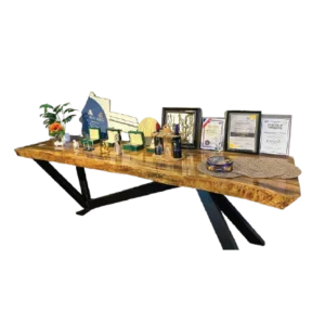 Acacia Wood Dining Table with Leather Chairs – 8-Seater