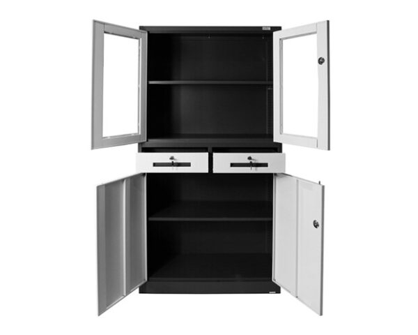 4-Layer Glass & Metal Swing Door with 2-Drawer Steel Cabinet - Image 3