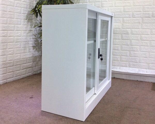 2-Layer Glass Sliding Door Steel Cabinet (White, Grey+White) - Image 2