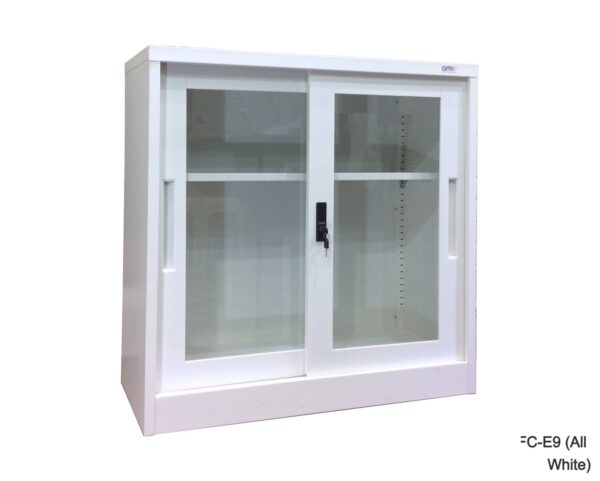2-Layer Glass Sliding Door Steel Cabinet (White, Grey+White)