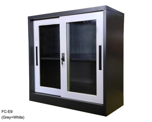 2-Layer Glass Sliding Door Steel Cabinet (White, Grey+White) - Image 3