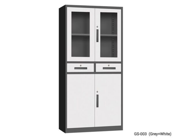 4-Layer Glass & Metal Swing Door with 2-Drawer Steel Cabinet